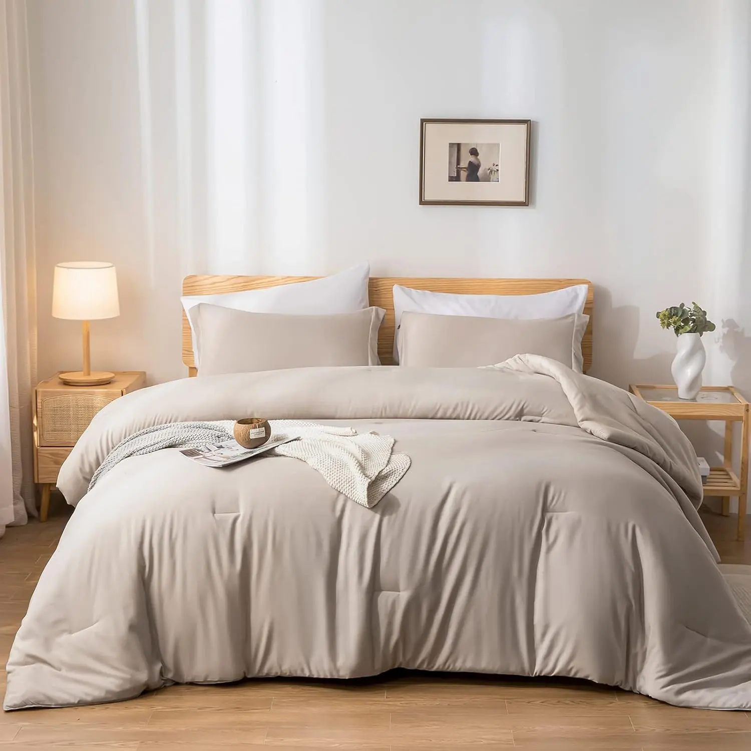 King Size Comforter 7 Oatmeal Comforter King a Bag Fluffy Comforter with, Pillow Shams and Pillowcases for
