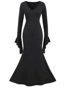 RETROSTAGE Women's 1930s Black Long-Sleeve Batwing Cuff Flared Fishtail Dark Casual Dress - Soft, Feminine, Stretchy Fabric, Elegant Formal Halloween-Themed Casual Dress for Party Outfits, Dark Casual Dresses Witch