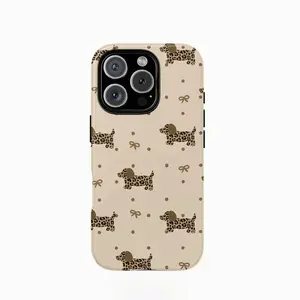 This adorable leopard-print dachshund design phone case is durable, shock-absorbing, and has a glossy finish. It's compatible with iPhone 17, 16, 15, 14, 13, 12, 11, X, and Samsung models. A perfect holiday gift for friends or family. 4XO