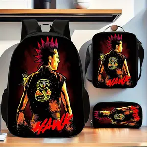 Cobra Kai 3pcs Set - High-End Polyester Backpack with Vibrant Cobra Design, Large Capacity, Double Shoulder Bag, Pencil Case & Lunch Box for School or Casual Use, Casual School Backpack | Vibrant Backpack | Polyester Backpack