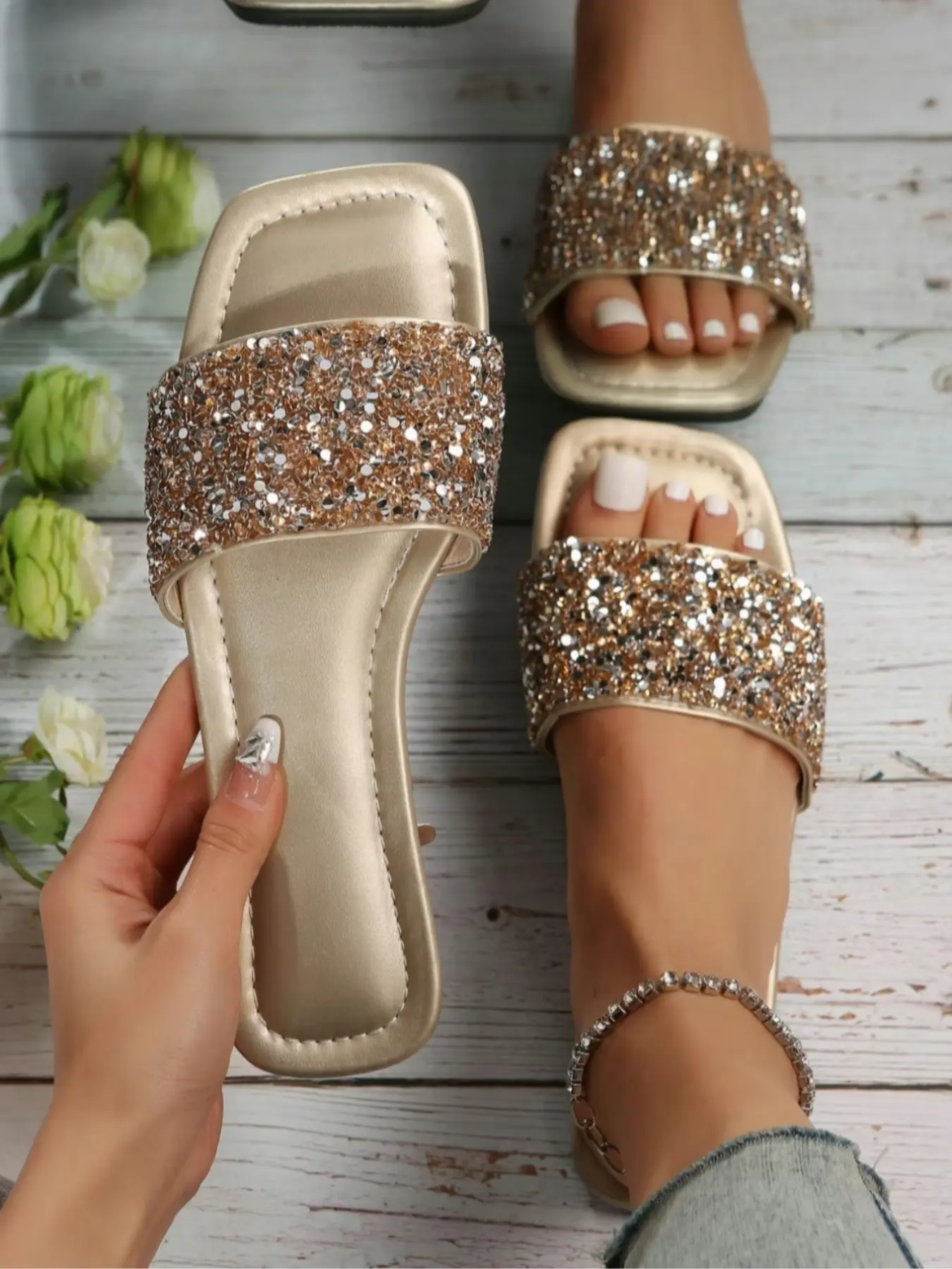 Fashionable Glitter Design Slides, PU Leather Slides, Casual Comfortable Flat Sandals for Summer, Lightweight Breathable Soft Slippers, Women's Fashionable Matching Slides, Walking Shoes, Fashionable Footwear