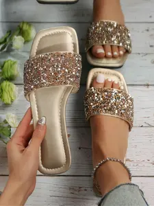 Fashionable Glitter Design Slides, PU Leather Slides, Casual Comfortable Flat Sandals for Summer, Lightweight Breathable Soft Slippers, Women's Fashionable Matching Slides, Walking Shoes
