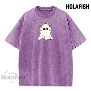 Holafish Acid Wash T-Shirt Halloween Gift Boo Jee Ghost Fall Acid Wash T-Shirt Women's Trendy Casual Graphic Tee Idea Comfortable Fit Everyday Wear Streetwear