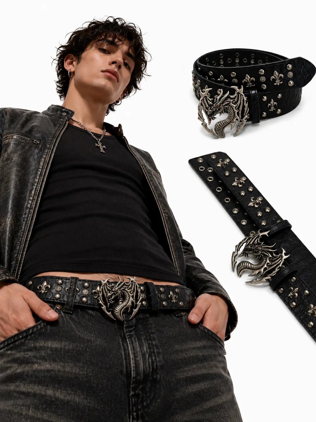 Y2k Dragon Buckles Design Studded Unisex Belt, Metal Grunge Accessory with Unique Studs and Buckle Design, Roller Belt with Pebbled Pattern Unisex for Youth Style, Cool Gitfs