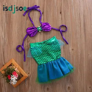 Baby Girls Two-piece Mermaid Swimsuit Hanging Neck Shell Pearl Halter Bikini Tops + Tulle Patchwork Mermaid Tail 2Pcs Swimwear