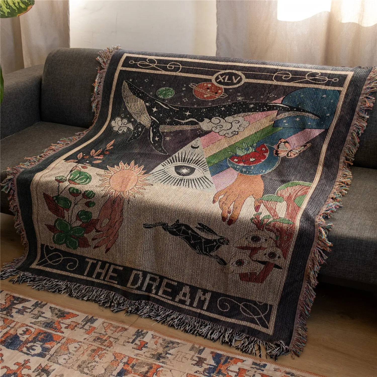 Dream Pattern Bohemian Yarn Jacquard Woven Blanket with Tassel, Thick Soft Washable Blanket, Used for Home Decor Sofa Chair Bed Tapestry Tablecloth Floor Garden Picnic Outdoor Camping Covers