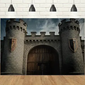 1pc 2D Medieval Castle Gate Backdrop Banner with Stone Tower & Shield Elements, Retro & Grand, Ideal for Medieval Themed Parties, Knight Gatherings, Film Shooting Backdrops & Event Decor