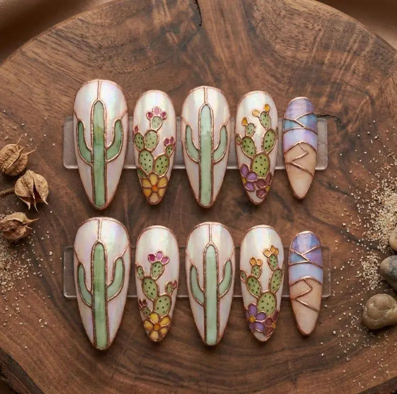 Cactus Stained Glass Press On Nails, Iridescent Desert Nail Art, Handmade  Fake Nails, Long Almond Acrylic Set, Unique Botanical Design - TikTok Shop