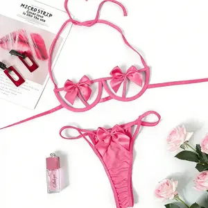 Women's Red Floral Lace Bow Lingerie Set Elegant Halter Top Crotchless Thong with Adjustable Straps Cute Sweet Style Underwear