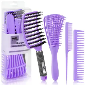 4pcs Curly Detangling Brush Set for Adults & Kids - Purple 3/4ABC Hair, Wide Tooth Comb, Versatile Use for Wet or Dry Hair