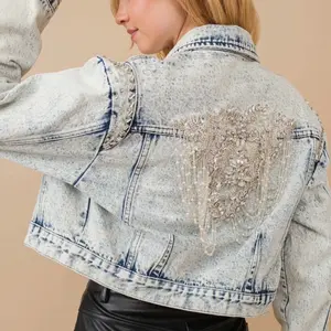 Embellished Lace Avid Washed Denim Jacket with Intricate Back Design and Distressed Look