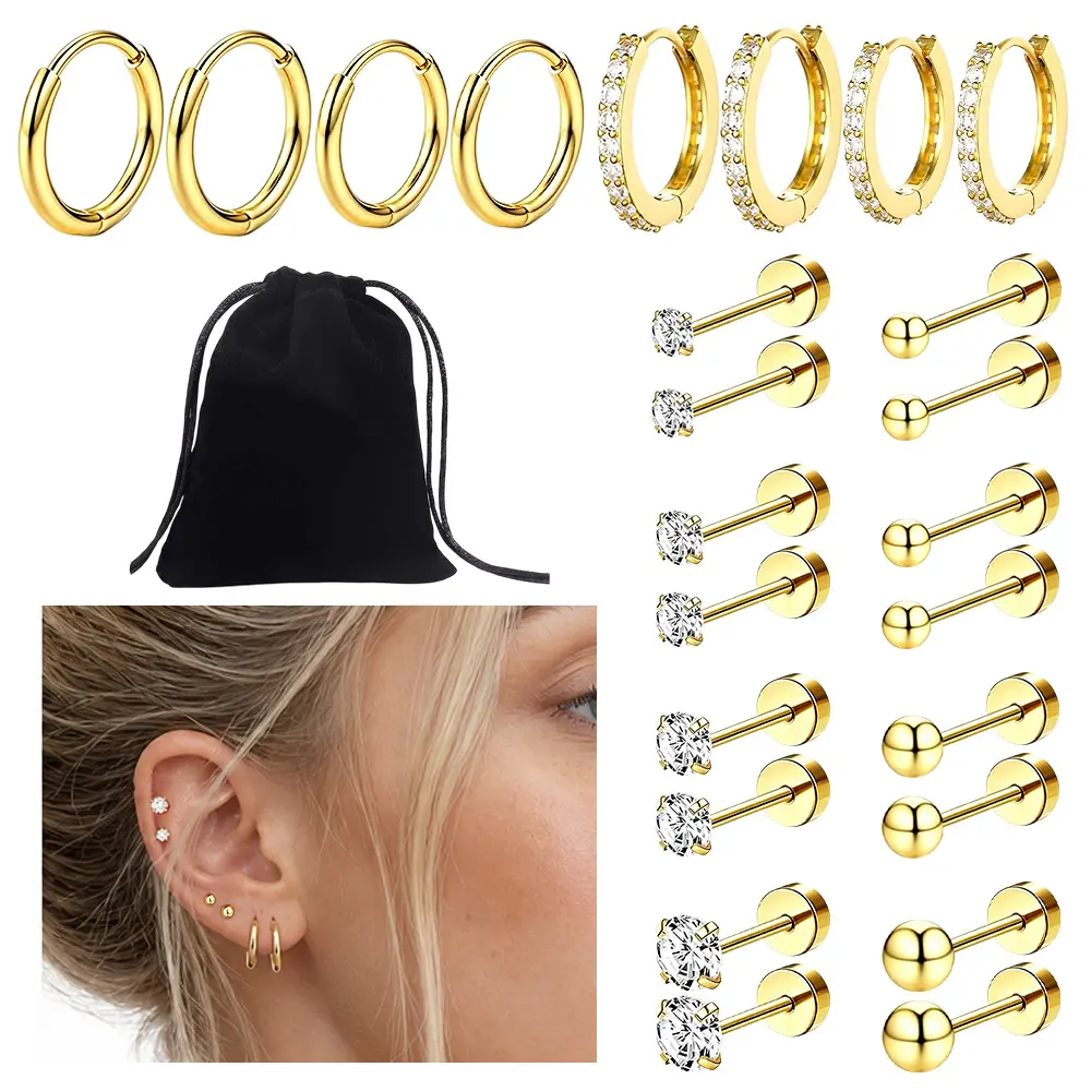 12 Pcs Gold Hypoallergenic Surgical Steel Cartilage Earring Set, Flat Back Stackable Studs & Huggie Hoops Piercing Jewelry, Small Earrings for Multiple Ear Piercings, Fashion Gift for Women