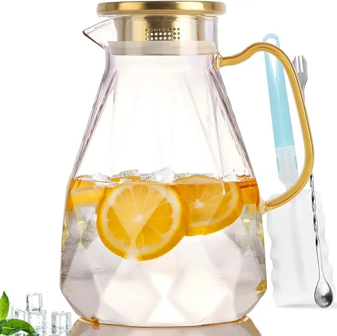Borosilicate Glass Pitcher with Lid - 2.2L/74oz/0.55 Gal Drink Carafe with Handle & Spout - Hot/Cold Beverage Jug - Premium Gift Box Geometric Serving Kitchenware for Iced Tea, Juice