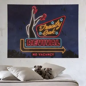 Treaty Oak Revival Neon Motel Sign Tapestry, "No Vacancy" Retro Western Wall Hanging, Aesthetic Room Decor for Bedroom, Living Room, College Dorm & Music Room