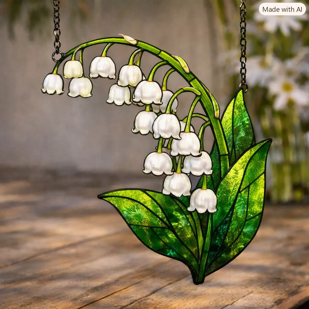 Cottagecore Stained Glass Lily of the Valley Suncatcher Acrylic Window Panel Hanging Flower Decor Elegant Botanical Wall Art Mother's Day Gift for Garden Lovers