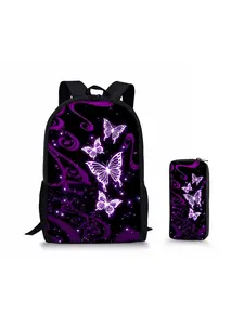 Purple Butterfly Print 17-inch Height 44cm Single-layer Backpack for School + Single-layer Pencil Case Two-piece Set