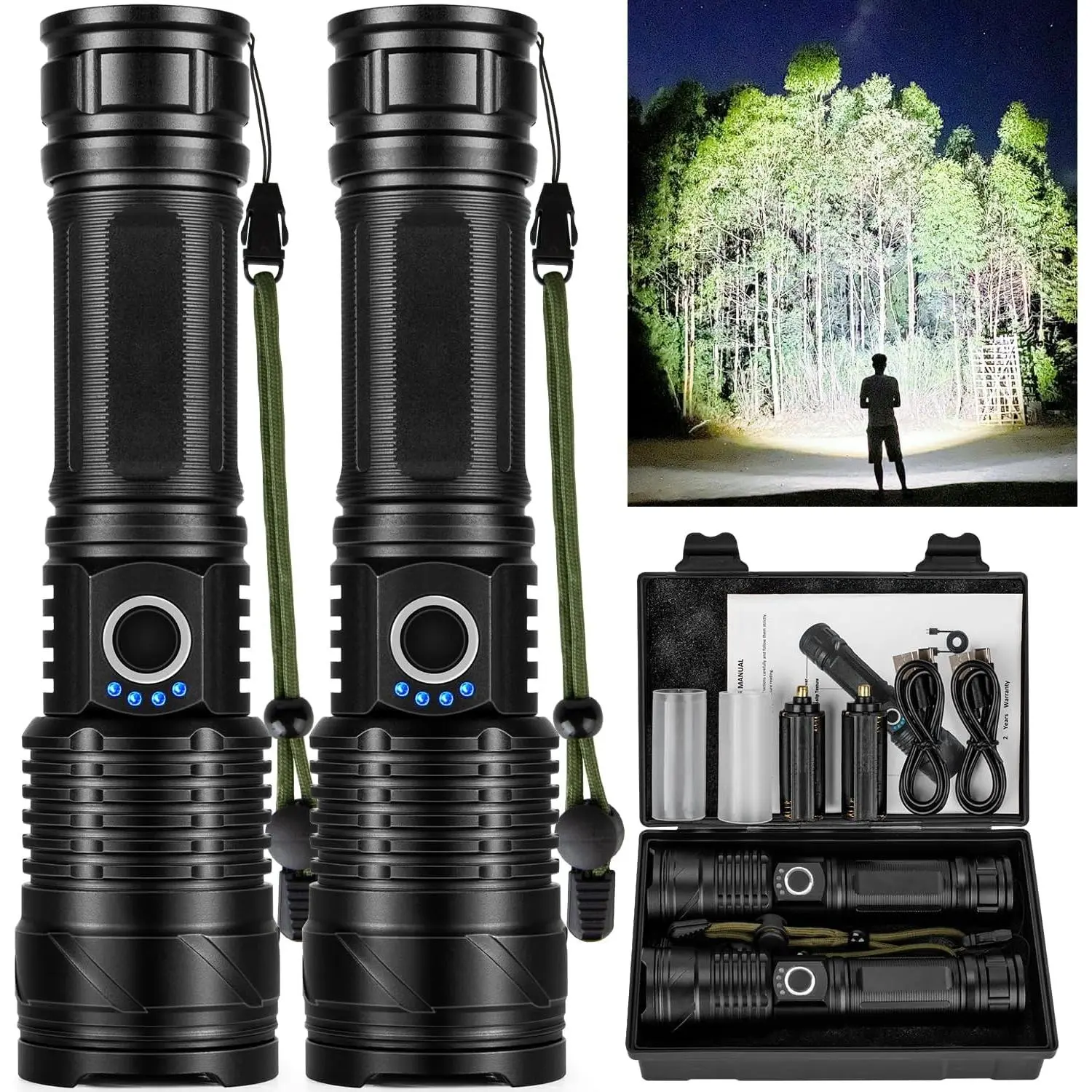 Flashlights High Lumens Rechargeable LED Flashlight, 990,000 Lumen Super Bright High Powered Flash Light, USB Powerful IPX6 Waterproof Handheld Flashlights for Home Hiking Camping(2 Pack)