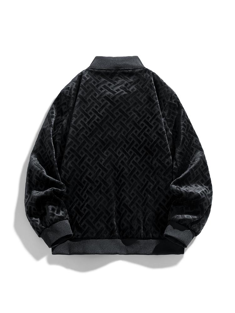 Men’s luxurious allover geometric-patterned black velvet baseball jacket featuring a relaxed drop-fit silhouette and a full zip closure, ribbed cuffs and hem, a premium dark-tone streetwear piece suitable for men’s everyday urban wear.