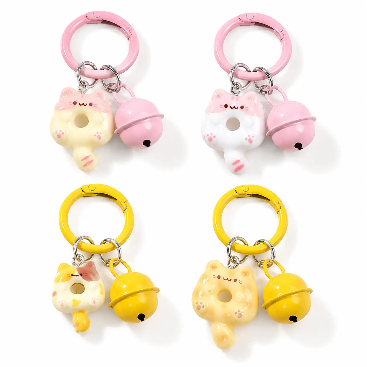 Cute Cartoon Cat Donut Bell Keychain, Kawaii Bag Charm with Clip Ring, Glossy Key Ring Accessory for Backpack, Purse, Keys and Gifts