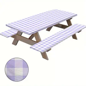 3pcs Set Red and White Checkered Pattern Tablecloth and Bench Cover Suitable for Outdoor Patio Picnics Holiday Parties Black Checkered Outdoor Camping Elastic Edge Tablecloth Set
