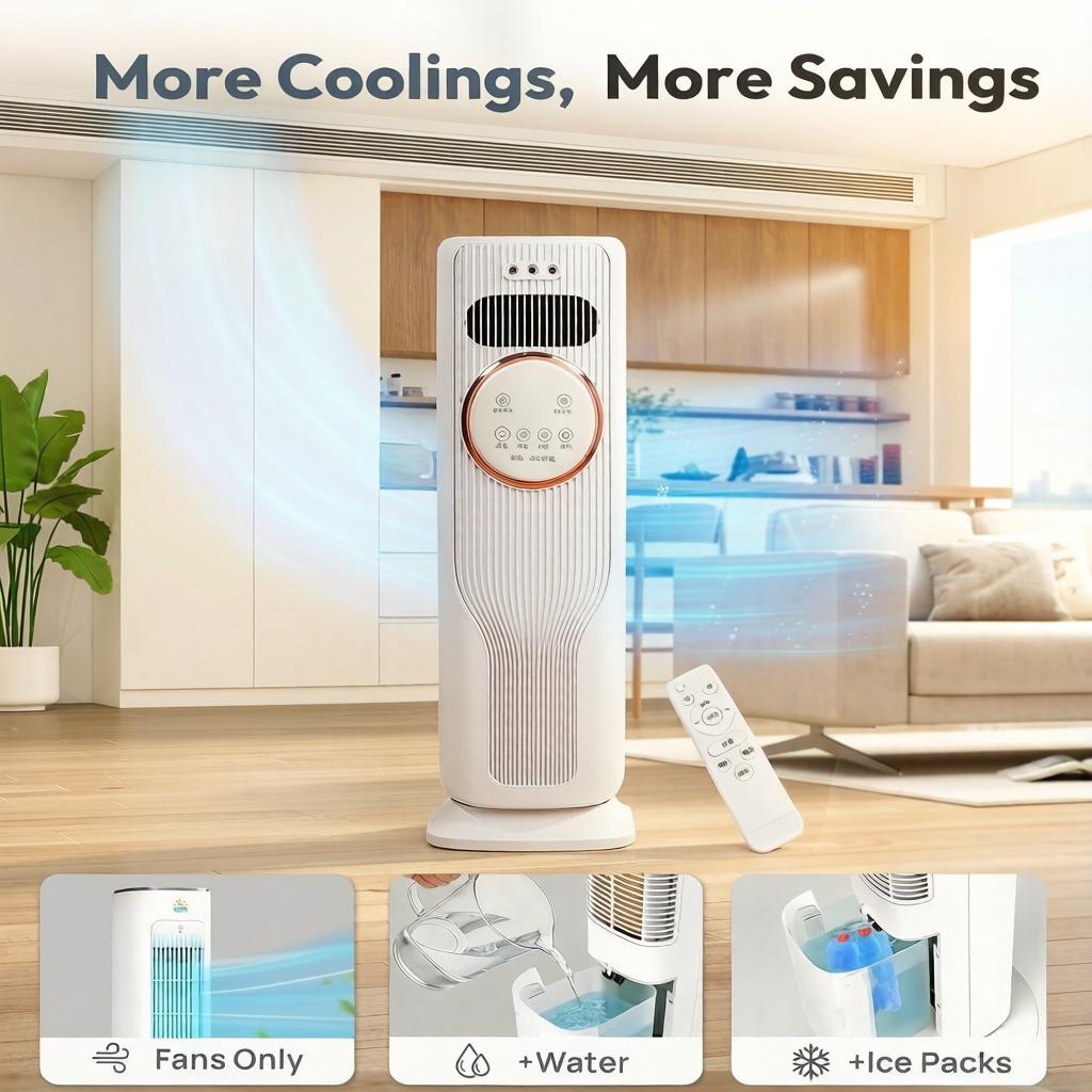 Multi-Functional Bladeless Tower Fan Heater – 3 Fan Speeds, 2 Heat Levels, Remote Included, Ice Water Cool Breeze, Energy Efficient, All-Season Use – Must-Have Home Appliance