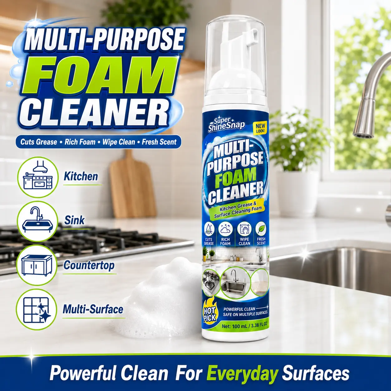 Multi-Purpose Scented Foam Cleaner 100ml - Natural Degreaser, Oil Stain Remover, Packaged Bottle Household Cleaner for Kitchen Sink, Stovetop, Bathroom Surfaces, Rich Foam, Powerful Stain Removal, Natural Degreaser All-Purpose Cleaners