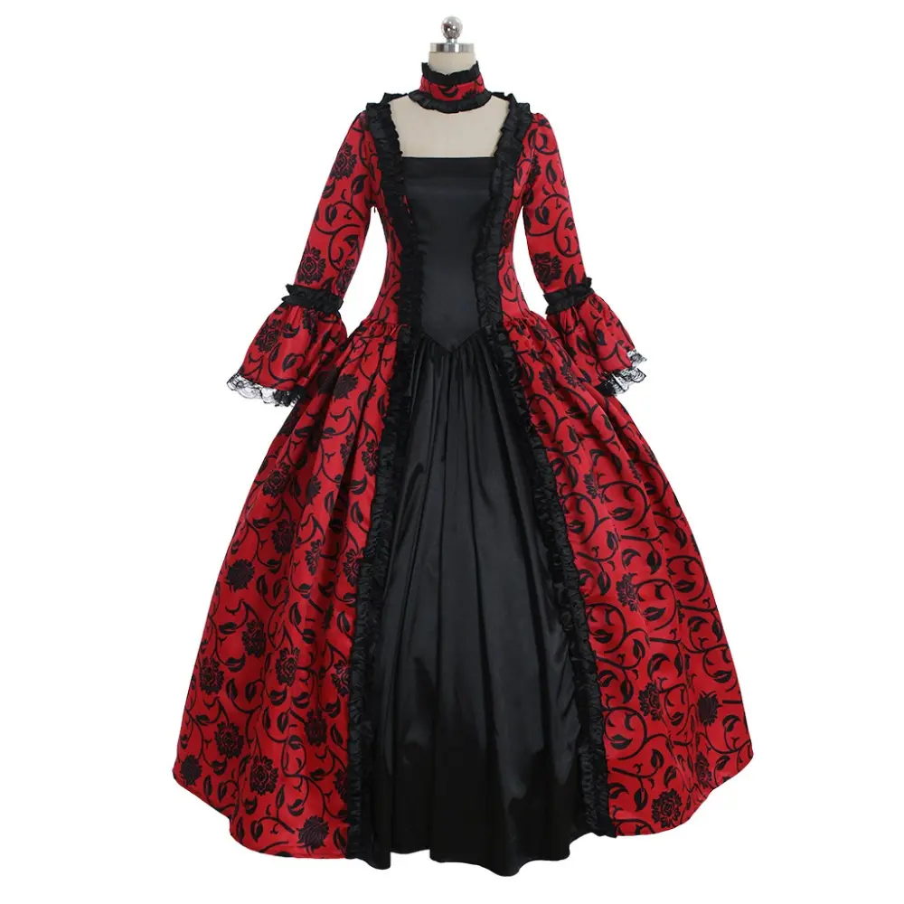 Women's Vintage Gothic Gown, Red Renaissance Polyester Dress with Bell Sleeves for Theatrical Costume, Evening, Statement, Plus Size, Long Sleeve, Formal, Lady, Elegance, Hip, Clothes, Long Sleeves