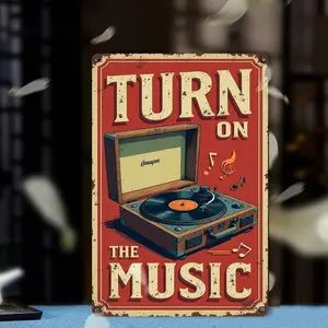 Vintage Turn on the Music Aluminum Wall Sign 8x12 Inch Retro Flat Wall Art Decor with Record Player and Musical Notes Durable Weathered Home Bar Cafe