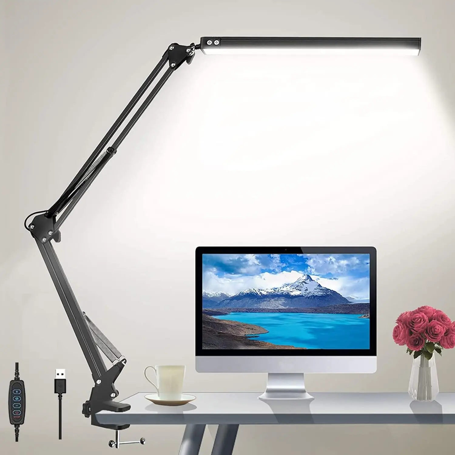 LED Desk Lamp for Home Office, Clamp-On with 3 Light Modes & Auto Shut Off | 14W Adjustable Brightness 5000K Eye-Caring Lighting for Study/Bedroom/Computer Desk