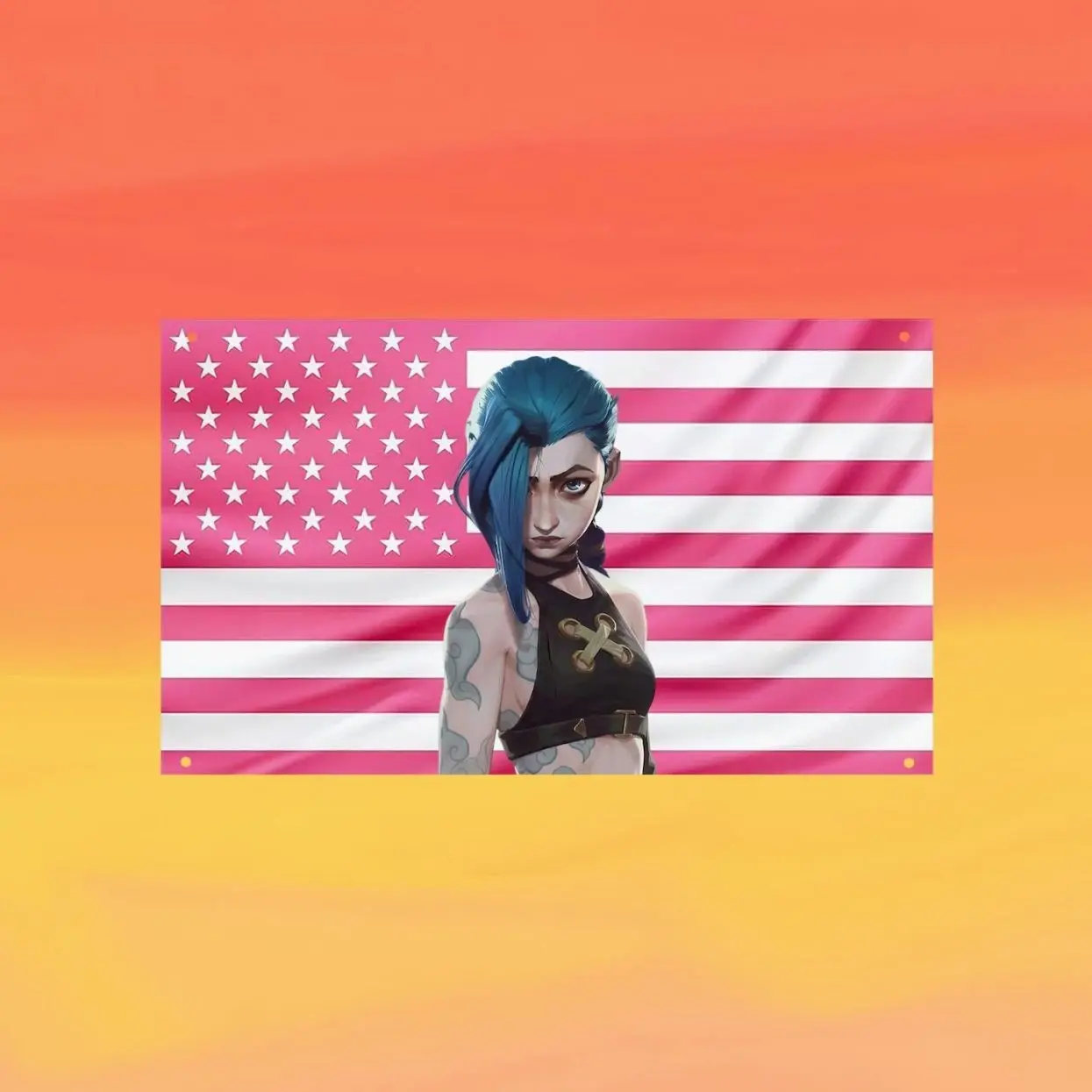 Jinx Pink US Wall Tapestry Flag, Arcane Wall Art, League of Legends Bedroom Decor, Gaming Fan Banner