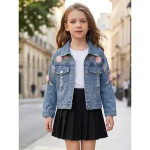 Girls Spring Fashion Trend All Match Washed Denim Top Lapel Floral Embroidery Long Sleeve Washed Denim Jacket Spring and Autumn Fashion Trend Personality Trend Casual Suitable for Daily All Match Wear