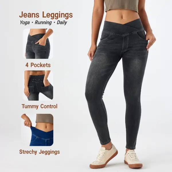 HeeiYoga Denim Stretchy Jeggings with Pocket for Yoga Pilates Casual Skinny High Waisted Tummy Control Jeggings Jean Pants gym clothes women yoga pants deals Bottom Womenswear