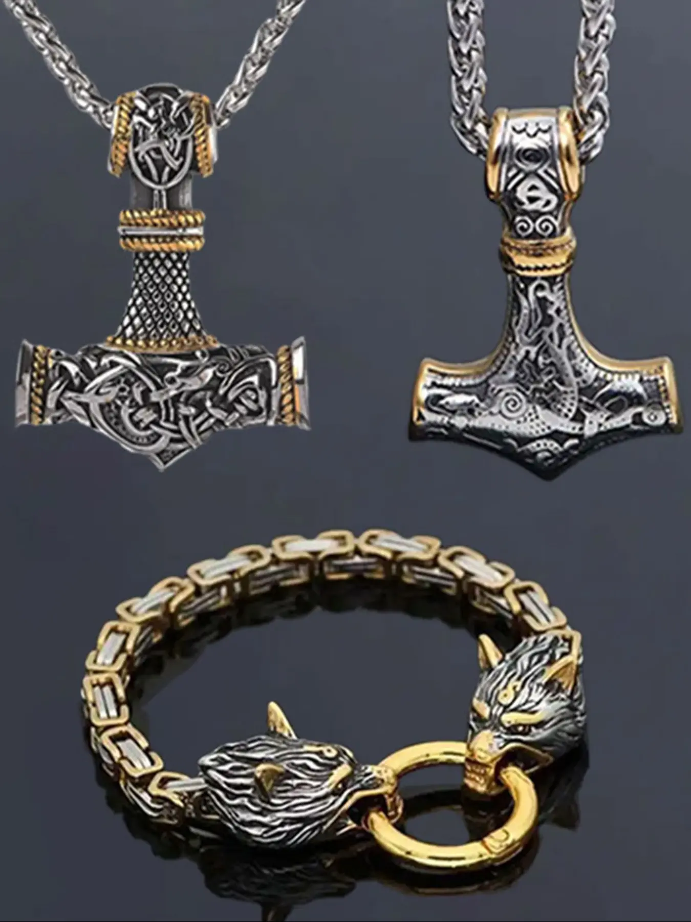 3pc Vintage Viking Hammer Necklace and Wolf Head Bracelet Set, Unisex Gothic Pendant Jewelry, Party Accessories, Accessory Set, Gift for All Occasions