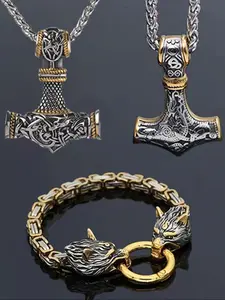 3pc Vintage Viking Hammer Necklace and Wolf Head Bracelet Set, Unisex Gothic Pendant Jewelry, Party Accessories, Gift for All Occasions