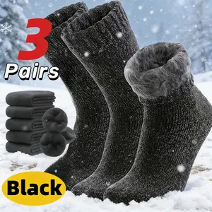 Three pairs of men's black socks, warm socks for men in extremely cold weather, soft and comfortable socks for autumn and winter, a must-have for outdoor activities during the autumn and winter seasons.