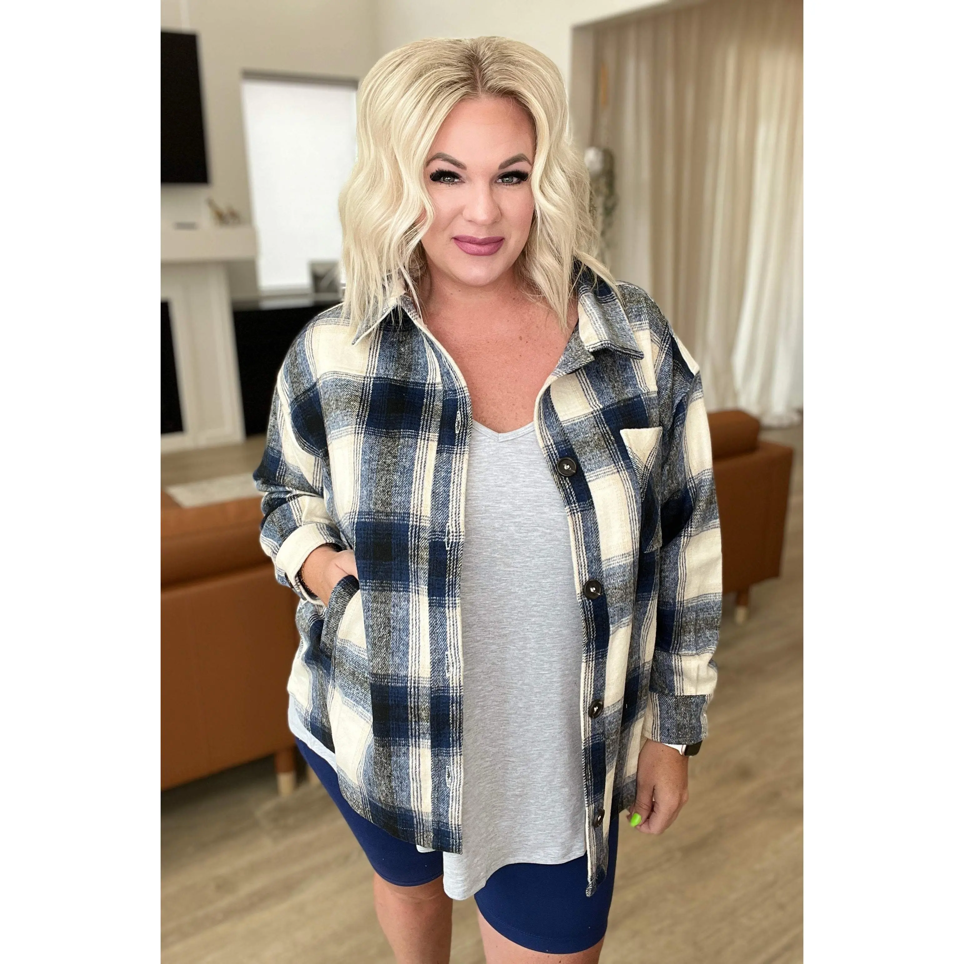 Oversized Longline Plaid Shacket in Navy