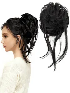 Woman's Messy Bun Hair Piece, Synthetic Messy Bun Hair Do, Wig with Braided Elastic Hair Accessory, Fluffy Bun Hair Extension, Straight and Half Wavy Pony Tail Hair Accessory, Elastic Hair Tie, Straight End Synthetic Hair Rope and Pony Tail Extension