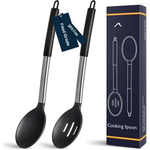 446?F Heat Resistant Large  Cooking Spoon,  Solid Slotted Spoons, Nonstick Kitchen Cookware Utensils, Mixing, Serving, Stiring Large Spoons, Black