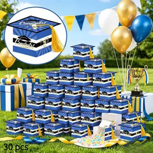 30 PCS New Graduation Cap Candy Boxes, Graduation Party Decor Gift Boxes with Tassel, Striped Mortarboard Doctor Cap Treat Boxes, Paper Gift Boxes for Candy Chocolate Cookie Party Supplies