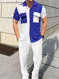 Men's Waffle Knit Shirt and Pants Set, Casual Colorblock Button-Up Top Two-Piece, Ideal for Daily Wear or Beach