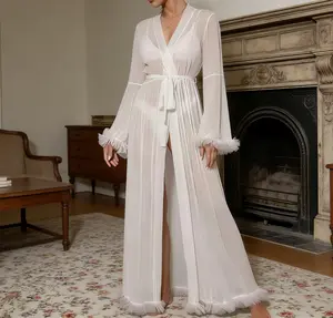 Luxury Wedding Sleepwear for Brides - Sheer Mesh Bridal Robe with Elegant Lace, V-Neck & Flared Sleeves