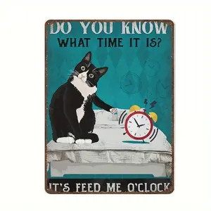 Vintage Thick Metal Iron logo - It's Feed Me O'clock logo, Fun tuxedo cat poster, Home decor wall art 8x12",Wall decor,Posters