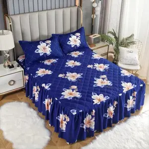 Ruflles 3pcs Set Bed with Floral Design, Blue Fabric Covering, Includes Pillows and Blanket