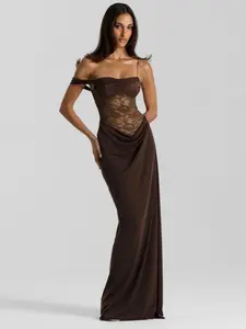 Elegant Lace Patchwork Formal Evening Dress, One Shoulder Strap, Asymmetrical Sleeve Design, Wrinkled Draped Look, Fit, Perfect for Parties