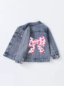 Sweet Style Denim Jacket, Sparkle Heart Big Bow Design, Casual Fashion Outerwear for Girls, All Seasons Wear, Ages 8 and Below