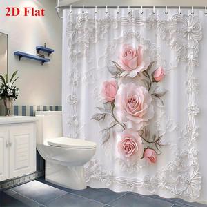 1pc 2D Flat Elegant Pink Roses Shower Curtain with Silvery Leaves & Lace Pattern - Romantic Vintage Floral Design in Pastel Hues Hooks Included Perfect for Home Decor or Housewarming Gift Shower Curtains for Bathroom