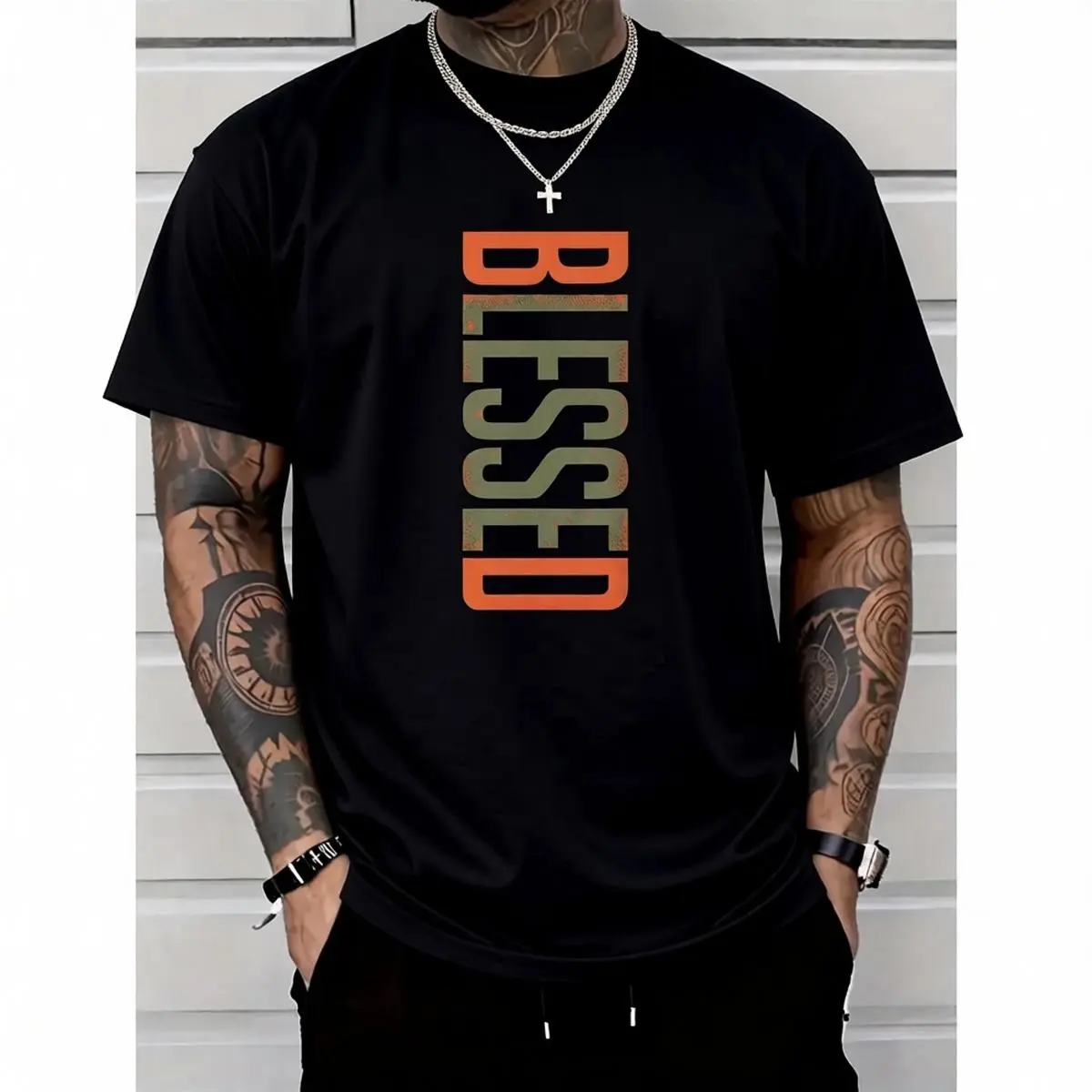 Men's "Blessing" Graphic T-Shirt, 100% Cotton Streetwear Top with a Classic Fit, Comfy Short Sleeve Crewneck Tee for Daily Wear, Tshirt, Shortsleeve, Basic