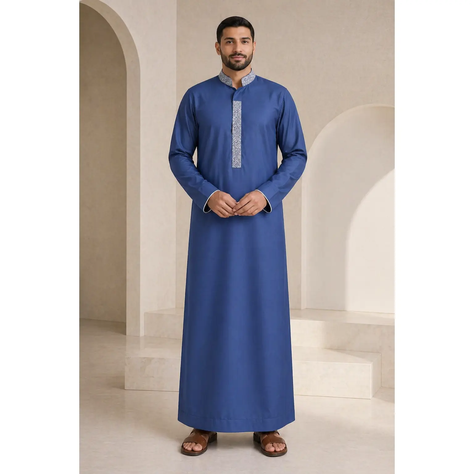 Cobalt Blue Embroidered Thobe - Men