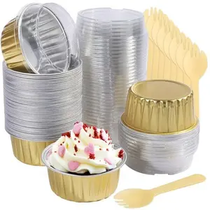 50 Aluminum Foil Baking Cups with Lids, Oven Safe Cupcake Liners, Mini Cake Pans, 5oz, Gold