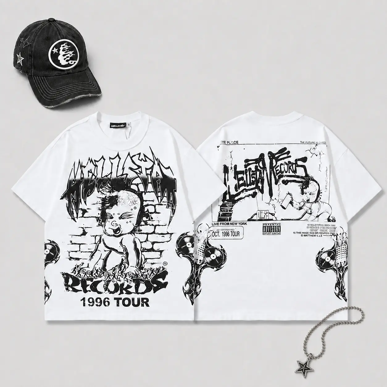 Hellstar Records Men's Pure Cotton Oversized Graphic T-Shirt, Vintage Distressed Double-Sided Short Sleeve Tee, Holiday Gothic Streetwear Outfit
